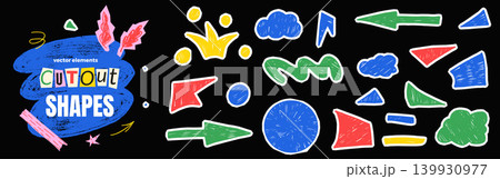 Shape sticker set with organic abstract geometric figures and childish papercut forms. Hand drawn freeform decor with cutout doodles in pink on black paper. Vector kindergarten kid scrapbook pack Shape sticker set with organic abstract geometric figures and childish papercut forms. Hand drawn freeform decor with cutout doodles in pink on black paper. Vector kindergarten kid scrapbook pack 139930977