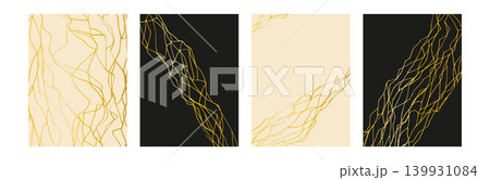 Kintsugi posters set with golden cracks on beige and black background. Fashion marble lux textures. Japanese repair technique patterns with gold foil lines for modern interior vector bg decor Kintsugi posters set with golden cracks on beige and black background. Fashion marble lux textures. Japanese repair technique patterns with gold foil lines for modern interior vector bg decor 139931084