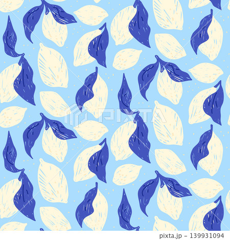 Lemons seamless pattern drawing with monochrome blue chalk brush. Summer fruit crayon pencil design for textiles. Mediterranean-inspired endless print with citrus fruit and leaves. Vector seamless bg Lemons seamless pattern drawing with monochrome blue chalk brush. Summer fruit crayon pencil design for textiles. Mediterranean-inspired endless print with citrus fruit and leaves. Vector seamless bg 139931094