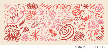 Whimsical girly doodle set. Red and pink chaotic pen marks and abstract textures. Rough hand-drawn strokes, squiggles, and spontaneous doodles form expressive graphic composition. Vector set isolated Whimsical girly doodle set. Red and pink chaotic pen marks and abstract textures. Rough hand-drawn strokes, squiggles, and spontaneous doodles form expressive graphic composition. Vector set isolated 139931117