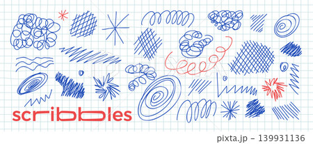 Pen school doodles on grid paper. Abstract scribble set with messy chaotic pencil strokes, doodle textures. Vector hand-drawn highlights lines, asterisk, spontaneous scribbles, expressive element 139931136