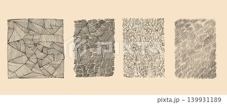 Hand-drawn ink pen crosshatch, wood tree, tribal pattern set. Textures with organic pencil ornament. Doodle crayon line sketches, organic hatch background. Vector handmade organic scribble bg Hand-drawn ink pen crosshatch, wood tree, tribal pattern set. Textures with organic pencil ornament. Doodle crayon line sketches, organic hatch background. Vector handmade organic scribble bg 139931189