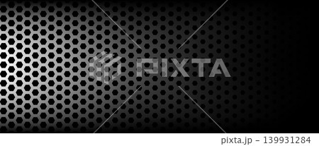 Silver metallic hex cells fade from bright left to dark right. Fiber gradient honeycomb with carbon hexagon and shadow on black for tech branding. Gradient honeycomb vector for panel design bg 139931284