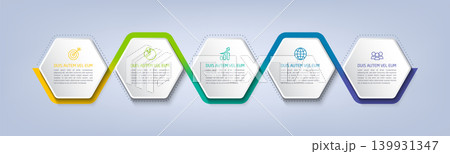 Business infographic template with step or option design. Infographics five options. Diagram with hexagons. Vector design. Business infographic template with step or option design. Infographics five options. Diagram with hexagons. Vector design. 139931347