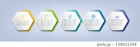 Business infographic template with step or option design. Infographics six options. Diagram with hexagons. Vector design. Business infographic template with step or option design. Infographics six options. Diagram with hexagons. Vector design. 139931348