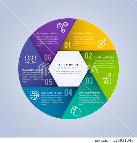 Business infographic template with step or option design. Infographics six options. Diagram with hexagons. Vector design. 139931349