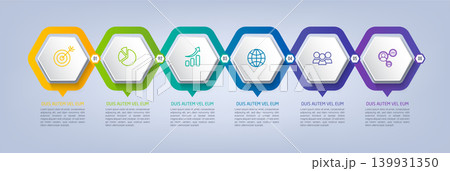 Business infographic template with step or option design. Infographics six options. Diagram with hexagons. Vector design. 139931350