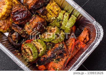 Vegetables such as corn, bell peppers, zucchini, and grilled mushrooms. Grilled vegetables Vegetables such as corn, bell peppers, zucchini, and grilled mushrooms. Grilled vegetables 139931626