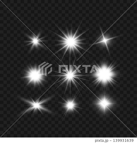 Realistic White Glowing Lens Flares and Sparkle Stars Set on Transparent Background. Vector 139931639