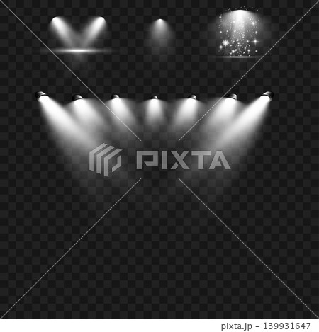 Realistic White Stage Spotlights and Magical Beam Effects Set. Vector 139931647