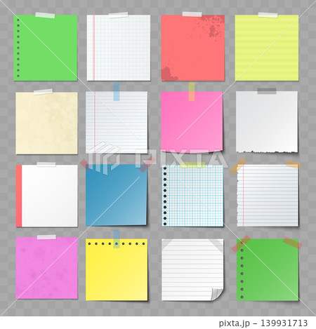 Realistic Paper Note Mockup Set. Vector Colorful Blank, Lined and Grid Memo Sheets with Adhesive Tape. Realistic Paper Note Mockup Set. Vector Colorful Blank, Lined and Grid Memo Sheets with Adhesive Tape. 139931713