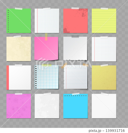 Realistic Paper Note Mockup Set. Vector Colorful Blank, Lined and Grid Memo Sheets with Adhesive Tape. Realistic Paper Note Mockup Set. Vector Colorful Blank, Lined and Grid Memo Sheets with Adhesive Tape. 139931716