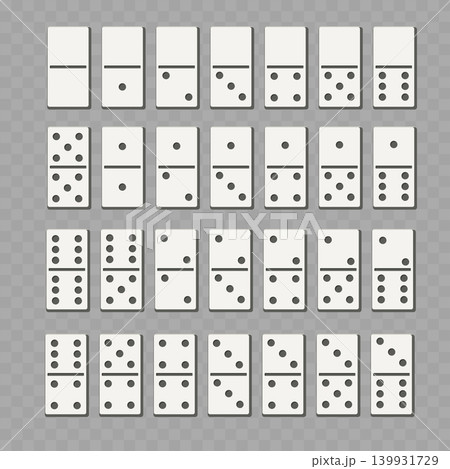 Realistic White Dominoes Set. Vector Full Double-Six Game Tiles on Transparent Background. Realistic White Dominoes Set. Vector Full Double-Six Game Tiles on Transparent Background. 139931729