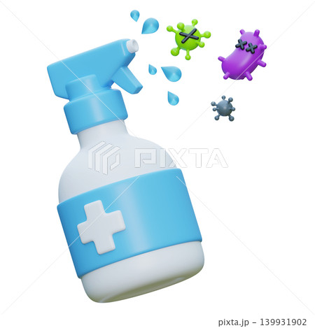 3D illustration of disinfectant spray bottle killing bacteria and viruses for sanitation 3D illustration of disinfectant spray bottle killing bacteria and viruses for sanitation 139931902