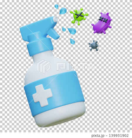 3D illustration of disinfectant spray bottle killing bacteria and viruses for sanitation 3D illustration of disinfectant spray bottle killing bacteria and viruses for sanitation 139931902