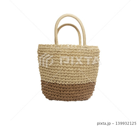 Woven straw tote bag with two-tone design isolated on white background 139932125