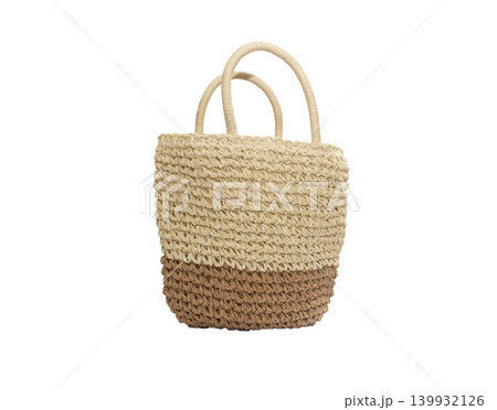 Woven straw tote bag with two-tone design isolated on white background Woven straw tote bag with two-tone design isolated on white background 139932126