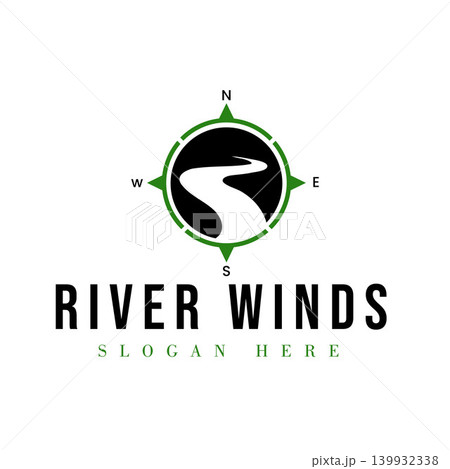 Modern Emblem Logo Featuring River Path With Compass Symbol In A Minimalist Adventure Style Suitable For Travel, Outdoor, Navigation, Camping, And Tourism Brands 139932338