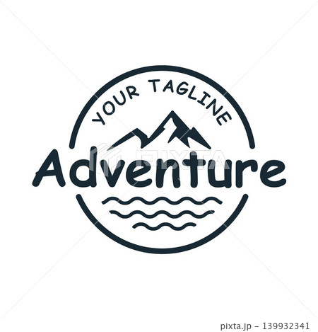 Minimalist Outdoor Emblem Logo Featuring Mountains and Waves, Ideal for Adventure, Camping, Hiking, And Travel Branding. Minimalist Outdoor Emblem Logo Featuring Mountains and Waves, Ideal for Adventure, Camping, Hiking, And Travel Branding. 139932341