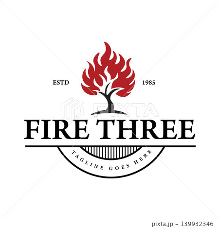 Vintage Emblem Logo Featuring a Fire Tree with a Circular Badge in a Rustic Heritage Design Style Suitable for Restaurants, Breweries, Distilleries, Timber Companies, And Outdoor Brands. Vintage Emblem Logo Featuring a Fire Tree with a Circular Badge in a Rustic Heritage Design Style Suitable for Restaurants, Breweries, Distilleries, Timber Companies, And Outdoor Brands. 139932346