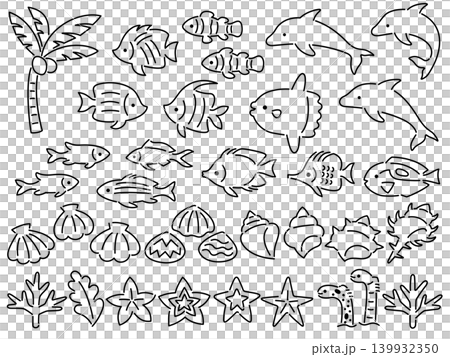 海の生き物の線画イラストセット 139932350