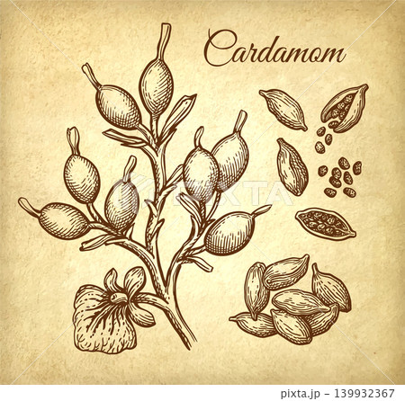 Cardamom ink sketch set on old paper. Cardamom ink sketch set on old paper. 139932367