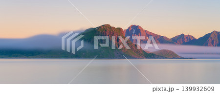 Panoramic view on the fjord during midnight sun in Lofoten islands, Norway. Panoramic view on the fjord during midnight sun in Lofoten islands, Norway. 139932609