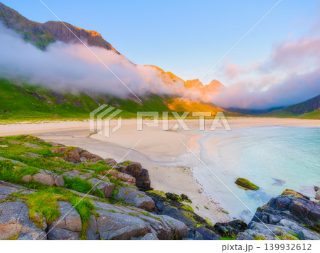 Norwegian arctic fjord at midnight sun. Lofoten Islands, Norway. Norwegian arctic fjord at midnight sun. Lofoten Islands, Norway. 139932612