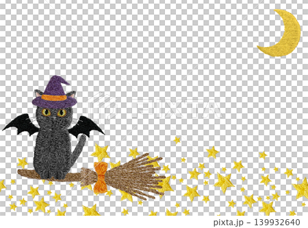 [Black cat vampire riding a broom with a frame of the moon and stars] Hand-embroidered illustration material 139932640