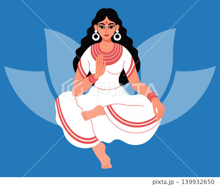 Indian woman in traditional clothes sitting in lotus position. Hindu Goddess Lakshmi meditating. Indian woman in traditional clothes sitting in lotus position. Hindu Goddess Lakshmi meditating. 139932650