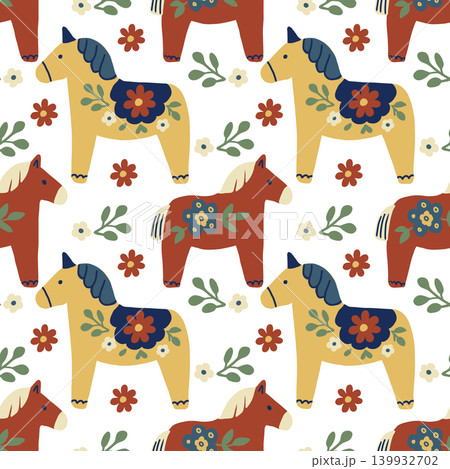 Scandinavian vector seamless pattern with cute dala horse and floral ornament for sweden longest summer day holiday background. Scandinavian vector seamless pattern with cute dala horse and floral ornament for sweden longest summer day holiday background. 139932702