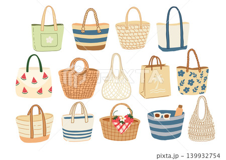 Vector collection of summer tote bags, hand drawn illustration of hand knitted bags, canvas bags, straw bags for your summer design. Vector collection of summer tote bags, hand drawn illustration of hand knitted bags, canvas bags, straw bags for your summer design. 139932754