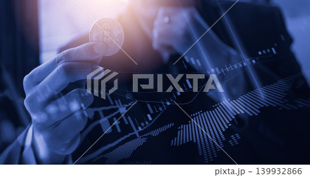 Modern way of exchange. Bitcoin is convenient payment in global economy market. Virtual digital currency and financial investment trade concept. Abstract cryptocurrency with gold bitcoin background. Modern way of exchange. Bitcoin is convenient payment in global economy market. Virtual digital currency and financial investment trade concept. Abstract cryptocurrency with gold bitcoin background. 139932866