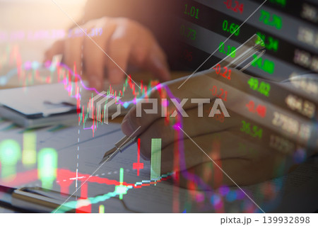 Stock market or forex trading graph and candlestick chart suitable for financial investment concept. Economy trends background for business idea and all art work design. Abstract finance background. Stock market or forex trading graph and candlestick chart suitable for financial investment concept. Economy trends background for business idea and all art work design. Abstract finance background. 139932898