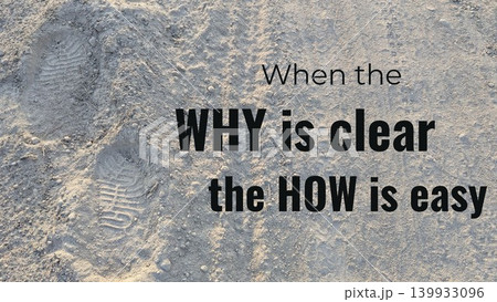 A quote is laid over a textured sandy ground with faint footprints. The text "When the WHY is clear the HOW is easy" is prominent, emphasizing that a strong purpose simplifies the journey to success. A quote is laid over a textured sandy ground with faint footprints. The text "When the WHY is clear the HOW is easy" is prominent, emphasizing that a strong purpose simplifies the journey to success. 139933096