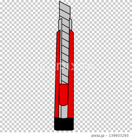 An illustration of a utility knife placed vertically with the blade extended. Red and black colors. Simple line drawing with a transparent background. An illustration of a utility knife placed vertically with the blade extended. Red and black colors. Simple line drawing with a transparent background. 139933293