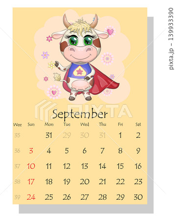 Calendar 2021. Cute bull and cow for September. Calendar 2021. Cute bull and cow for September. 139933390