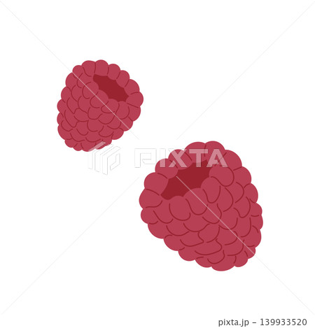 Two vibrant red raspberries isolated on a white background showcasing their unique texture and shape 139933520