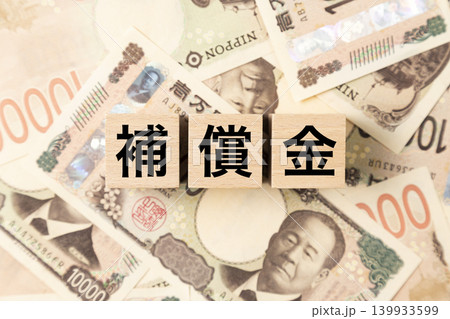 「補償金」と書かれたブロックとたくさんの一万円札 「補償金」と書かれたブロックとたくさんの一万円札 139933599
