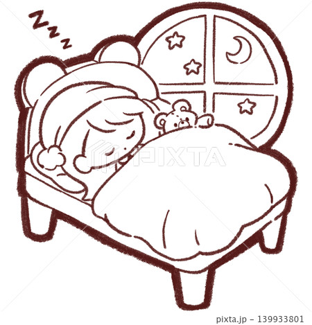 ベッドで眠る女の子のイラスト　線画・塗り絵用 139933801