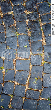 Textured cobblestone pavement with dark stones and small pebbles, featuring patches of green grass and moss between the stones in an outdoor setting 139934051