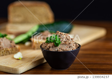 traditional liver pate served with toasted bread slices traditional liver pate served with toasted bread slices 139934237