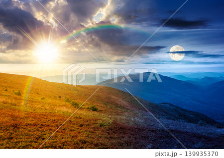 day meet night. nature scenery with alpine meadow. sun and moon over mountain landscape during summertime. stunning view of rolling hills. epic sky. highland background for astrology harmony wallpaper day meet night. nature scenery with alpine meadow. sun and moon over mountain landscape during summertime. stunning view of rolling hills. epic sky. highland background for astrology harmony wallpaper 139935370