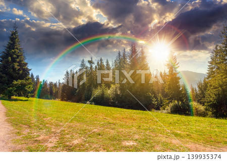 sunset over landscape with coniferous forest in summer. scenic view of mountain landscape in poland. spruce trees on a grassy alpine meadow. cloudy sky above the ridge. weather with rainbow 139935374