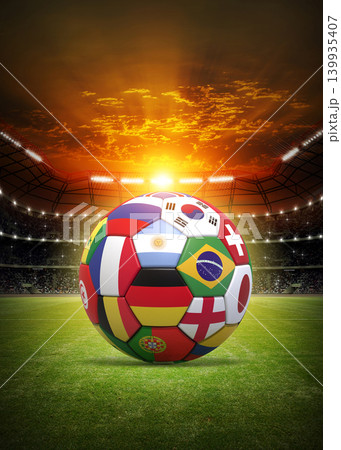 International flags on soccer ball in the stadium  139935407