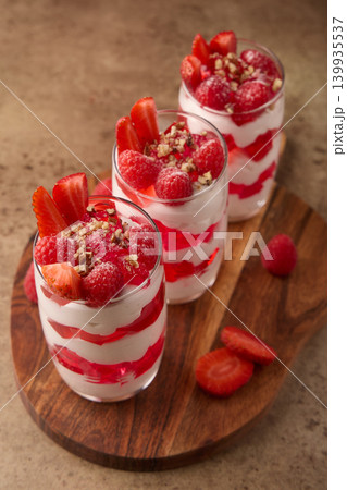 Strawberry Raspberry Jelly Parfait with Cream Layers Strawberry Raspberry Jelly Parfait with Cream Layers 139935537