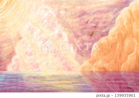 入道雲と夕方の海の手描き風景02 入道雲と夕方の海の手描き風景02 139935901