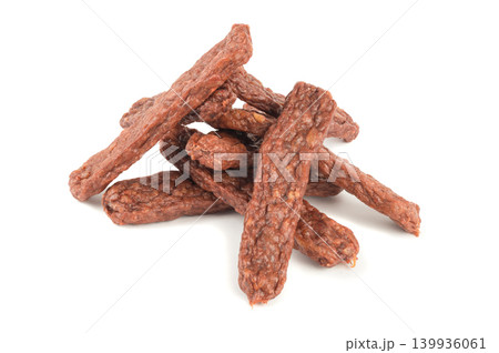 Top view of pet natural meat chewing sticks isolated on white 139936061