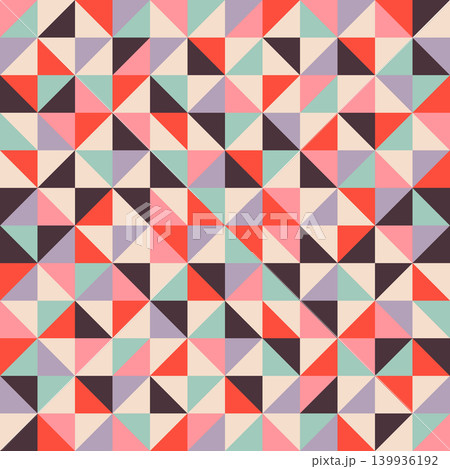 Mid-century style geometric seamless pattern of triangles, abstract pastel background with mosaic ornament Mid-century style geometric seamless pattern of triangles, abstract pastel background with mosaic ornament 139936192