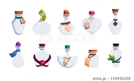 Glass bottles for poison. Empty bottle with decorative leaves, tags, gems, leather stripes. Witchcraft elements, alchemy, magic lab equipment, vector set Glass bottles for poison. Empty bottle with decorative leaves, tags, gems, leather stripes. Witchcraft elements, alchemy, magic lab equipment, vector set 139936200